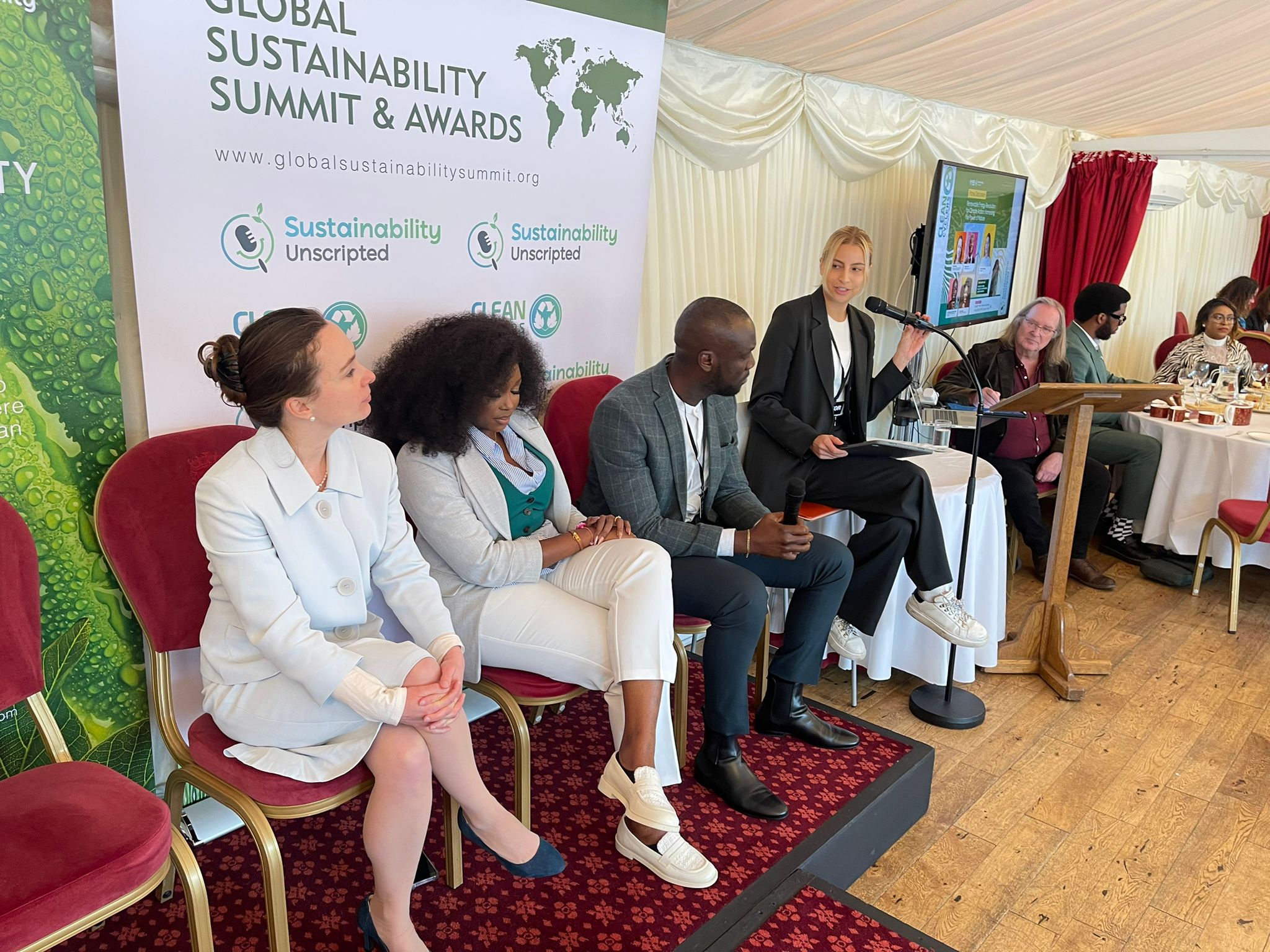 Charlot Magayi, Sonia Dunlop, and Otto Canon join global delegates at the Global Sustainability Summit House of Lords, London, to discuss harnessing renewable energy for climate action.